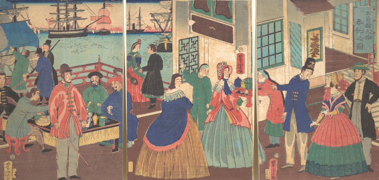 Visão de comer e beber por pessoas de cinco países, 1861, 12º mês. de Utagawa Yoshitora