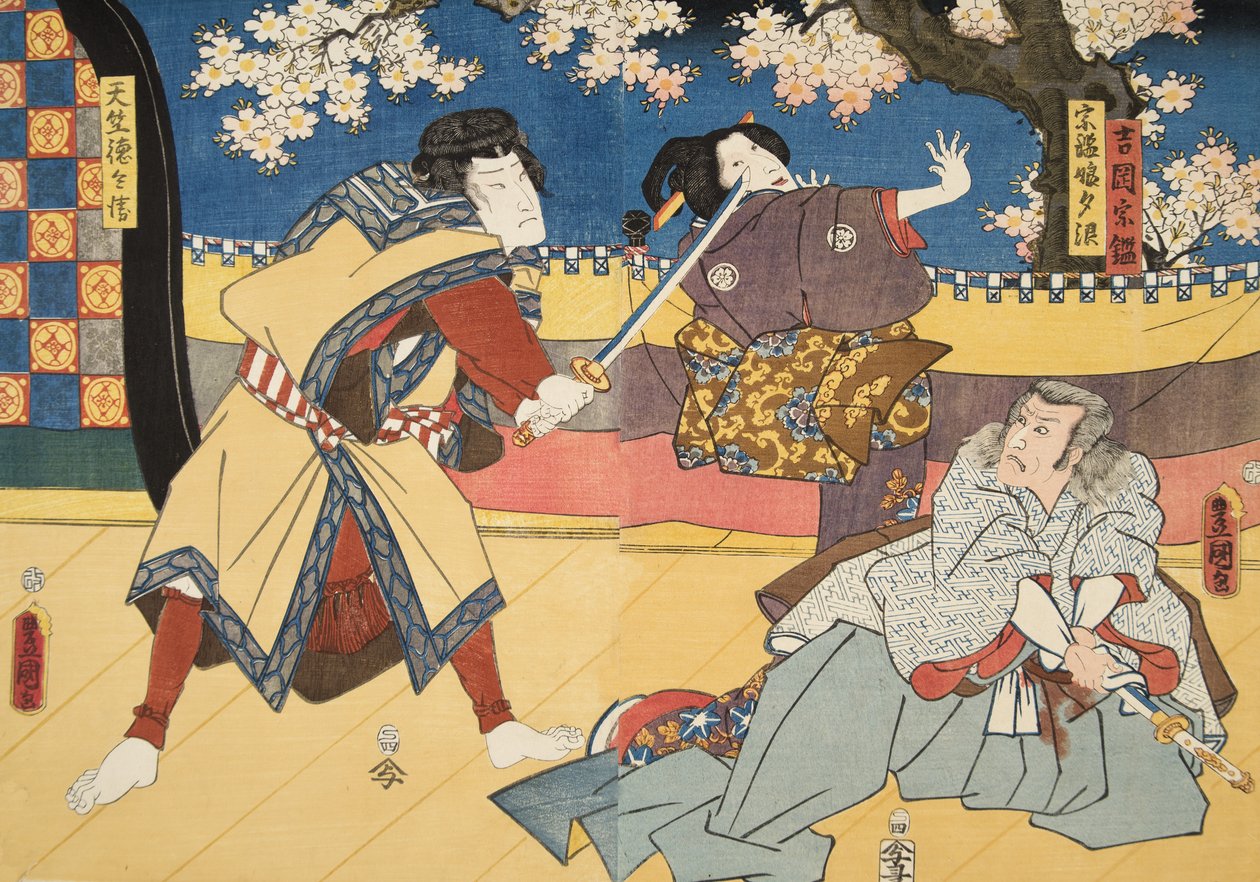 Cena de Genji monogatari (Conto de Genji) por Murasaki Shibuku (n. 978) c. 1860 (impressão em xilogravura a cores) de Utagawa and Toyokuni Kuniyoshi