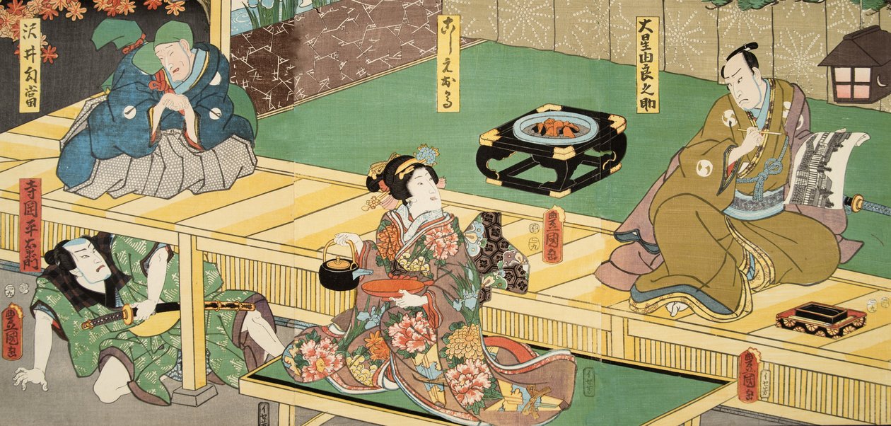 Cena de Genji monogatari (Conto de Genji) por Murasaki Shibuku (n. 978) c. 1860 (impressão em xilogravura a cores) de Utagawa and Toyokuni Kuniyoshi