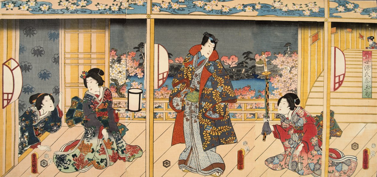 Cena de Genji monogatari (Conto de Genji) por Murasaki Shibuku (n. 978) c. 1860 (impressão em xilogravura a cores) de Utagawa and Toyokuni Kuniyoshi