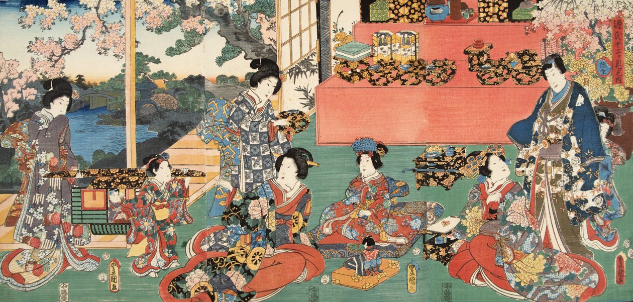Cena de Genji monogatari (Conto de Genji) por Murasaki Shibuku (n. 978) c. 1860 (impressão em xilogravura a cores) de Utagawa and Toyokuni Kuniyoshi