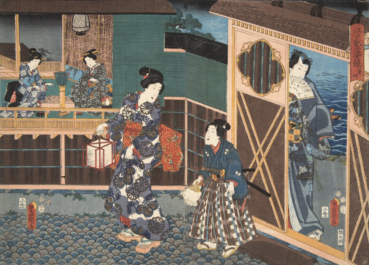 Cena de Genji monogatari (Conto de Genji) por Murasaki Shibuku (n. 978) c. 1860 (impressão em xilogravura a cores) de Utagawa and Toyokuni Kuniyoshi