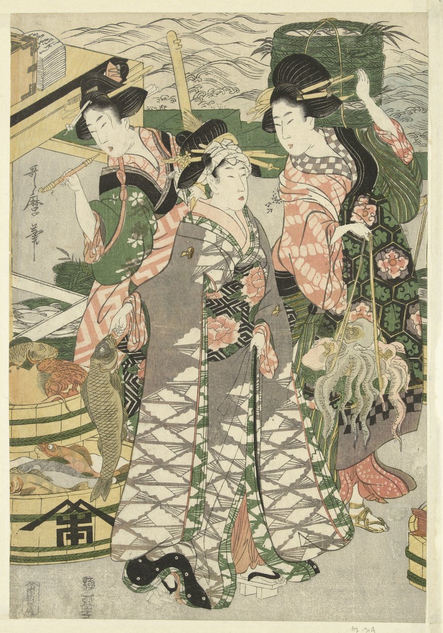 Vista do mercado de peixe na praia de Shiba [Shiba] no ura uoichi no zu de Utamaro (II) , Kitagawa