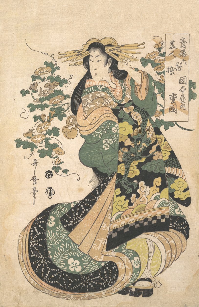 Uma cortesã com glórias-da-manhã no fundo. de Utamaro II