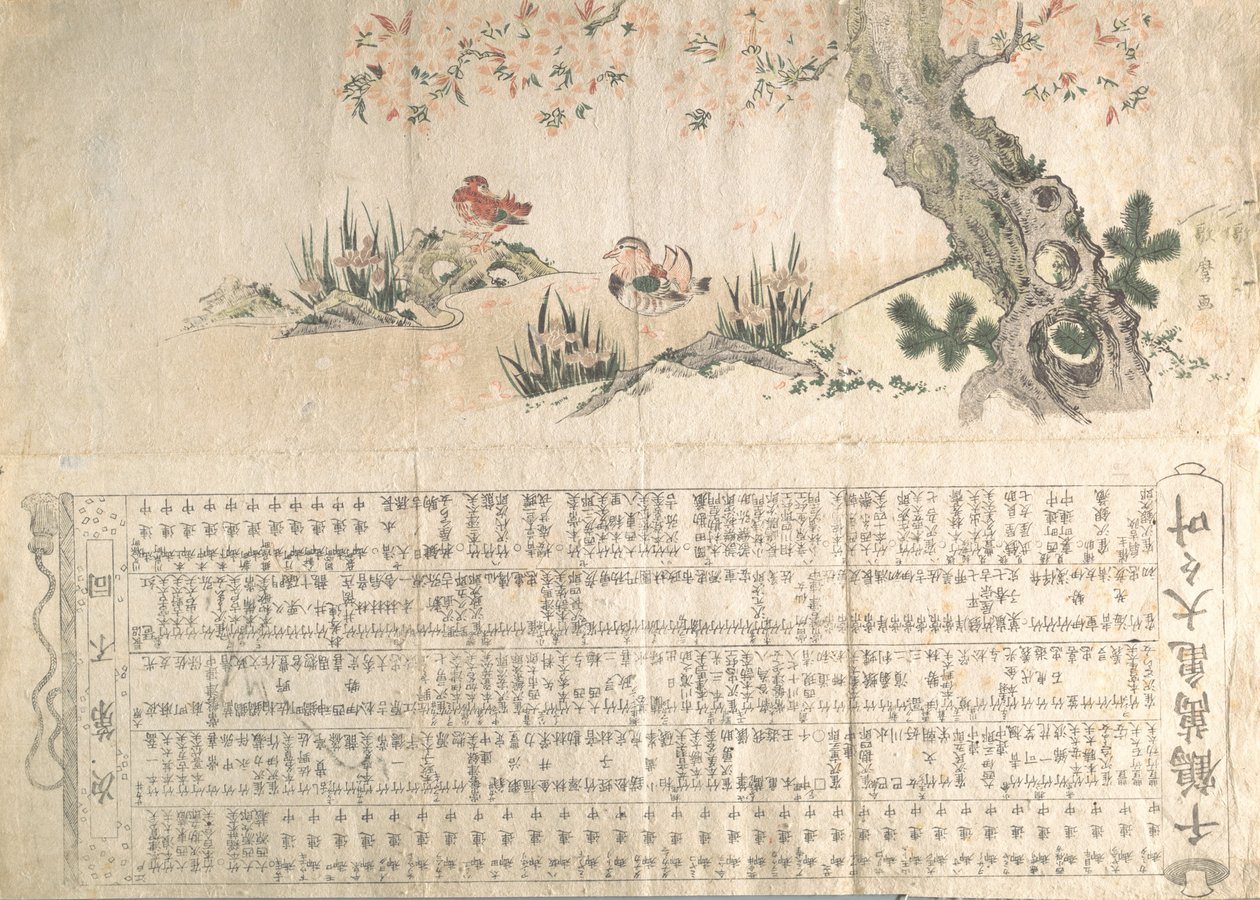 Patos Mandarim numa Paisagem de Primavera: Programa para uma Performance Jururui, ca. 1807... de Utamaro II