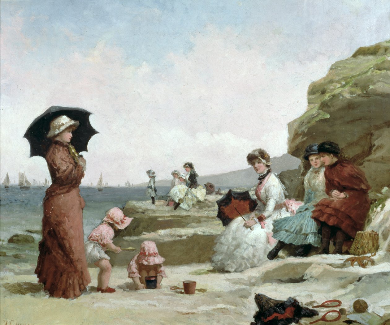 Seascape, figuras na praia, c.1870 de V. Chavigny