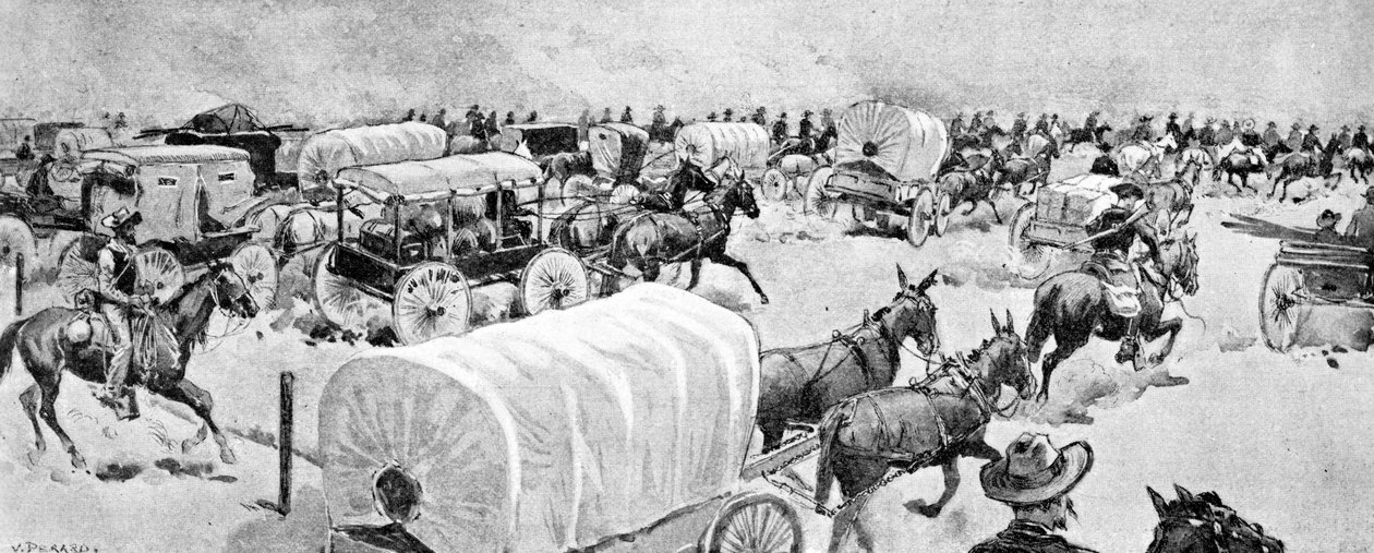 The Grand Rush ao meio-dia de 16 de setembro: olhando para o leste ao longo da linha sul da Indian School Reserve, 1893 de V. Perard