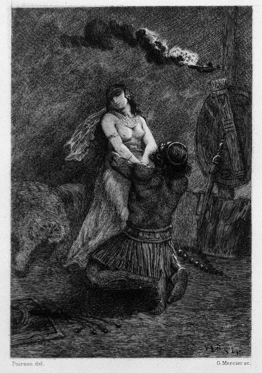 Ele estava de joelhos, no chão, na frente dela. Ilustração de V.A. Poirson (1890) para o romance "Salammbo" de Gustave Flaubert, tomando como enquadramento a guerra mercenária na época da primeira Guerra Púnica (246-241 AC) entre os romanos e Cartagínia. de Victor Armand Poirson