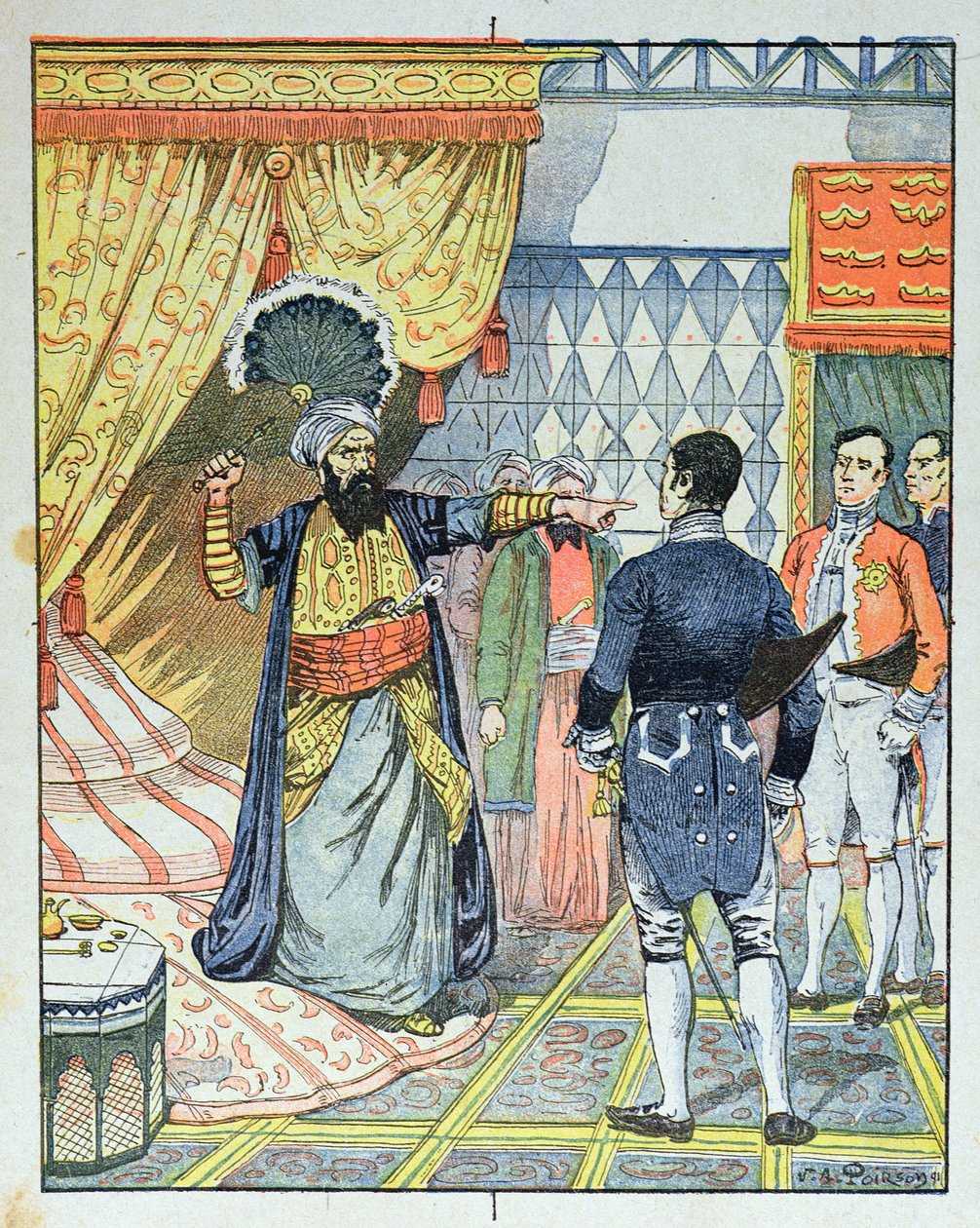 O Dey de Argel, Hussein ibn El Hussein ataca o embaixador francês, M. Deval com um leque, em 27 de abril de 1827, capa de um livro escolar de 1891 de Victor Armand Poirson