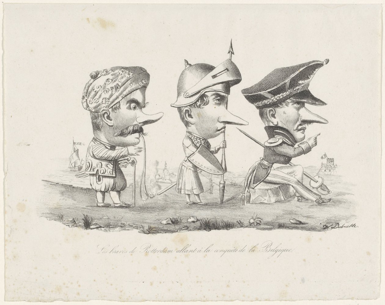 Spotprent op de Rotterdamse schutterij, 1830
Os bravos de Roterdão vão conquistar a Bélgica (título sobre o objecto) de V. Dubrulle