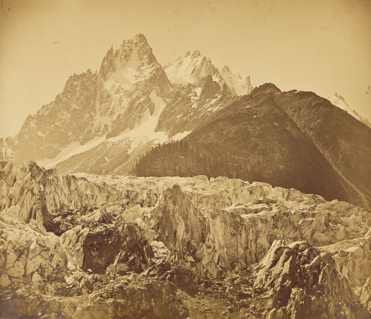 Mont-Blanc (Haute-Savoie), o Glaciar dos Bois e a Aiguille des Charmoz de V. Muzet