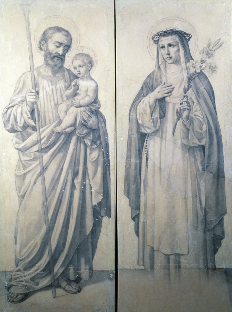 Desenho preparatório de Santa Catarina de Sena e São Cristóvão de V. de Matteis