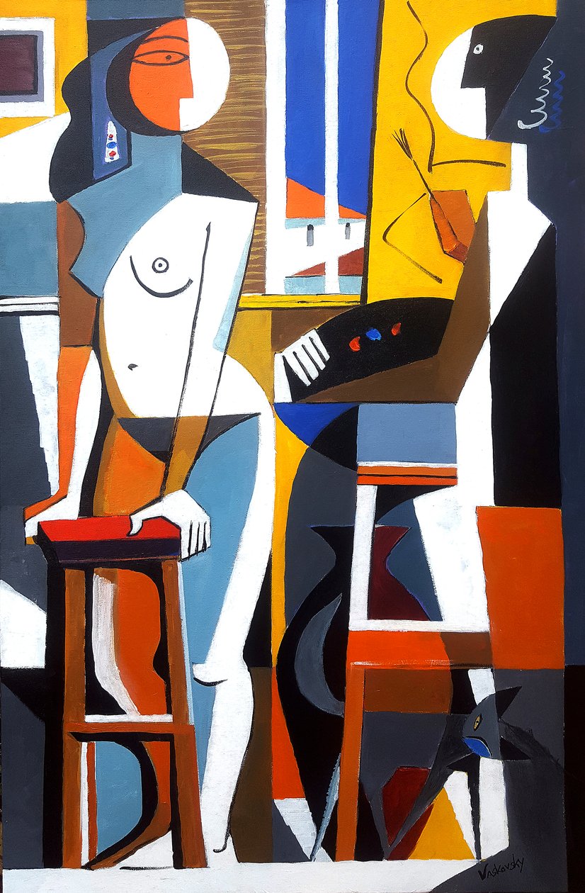 Artista e modelo à janela, 2021 (acrílico sobre tela) de Vadym Vaskovsky