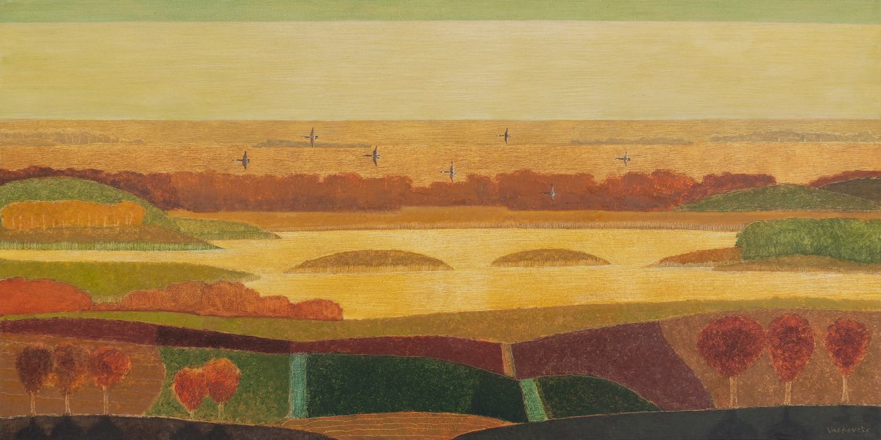 Gansos a voar sobre as dunas, 2023 (óleo sobre tela) de Vadym Vaskovsky