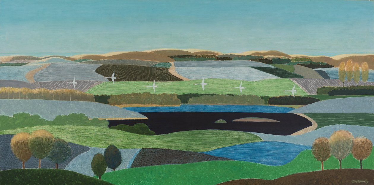 Cisnes a voar sobre as dunas, 2023 (óleo sobre tela) de Vadym Vaskovsky