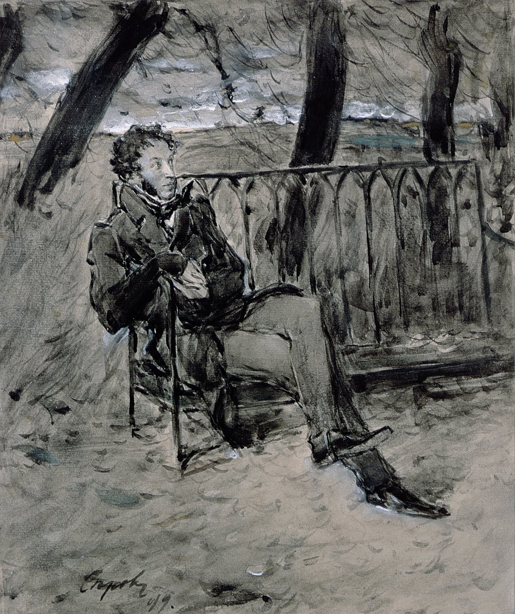 Alexander Pushkin (1865-1911) em um parque, 1899 de Valentin Aleksandrovich Serov