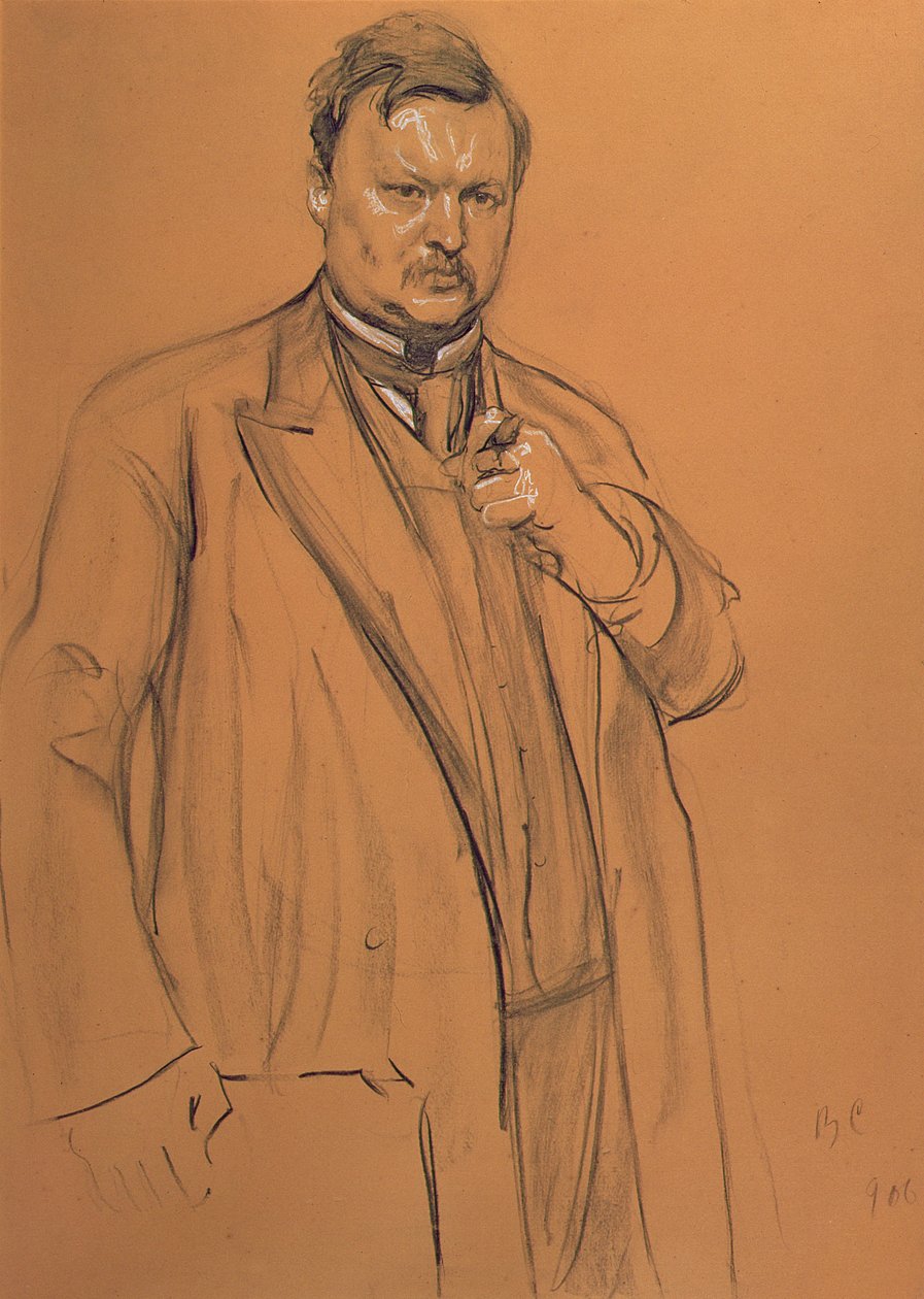 Retrato do compositor Alekandr Konstantinovich Glazunov (1865-1936), 1906 (giz e carvão sobre papel) de Valentin Aleksandrovich Serov