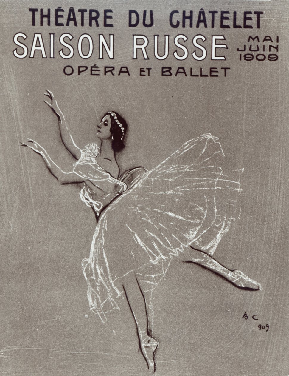Cartaz para o &39;Saison Russe&39; no Theatre du Chatelet, 1909 (carvão e giz sobre papel) de Valentin Aleksandrovich Serov