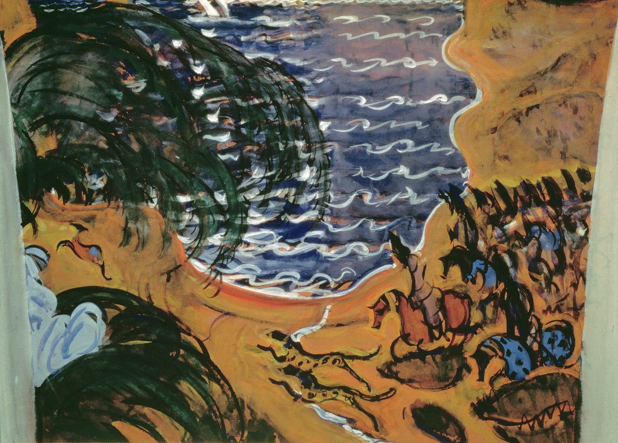 Esboço para o desenho de uma cortina para o balé Scheherazade, 1910 (têmpera sobre papelão) de Valentin Aleksandrovich Serov