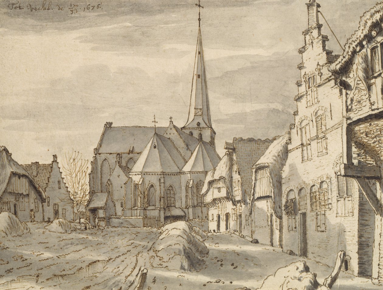 Na frente da igreja em Veghel, 1676 (caneta e tinta marrom e cinza no papel) de Valentin Klotz