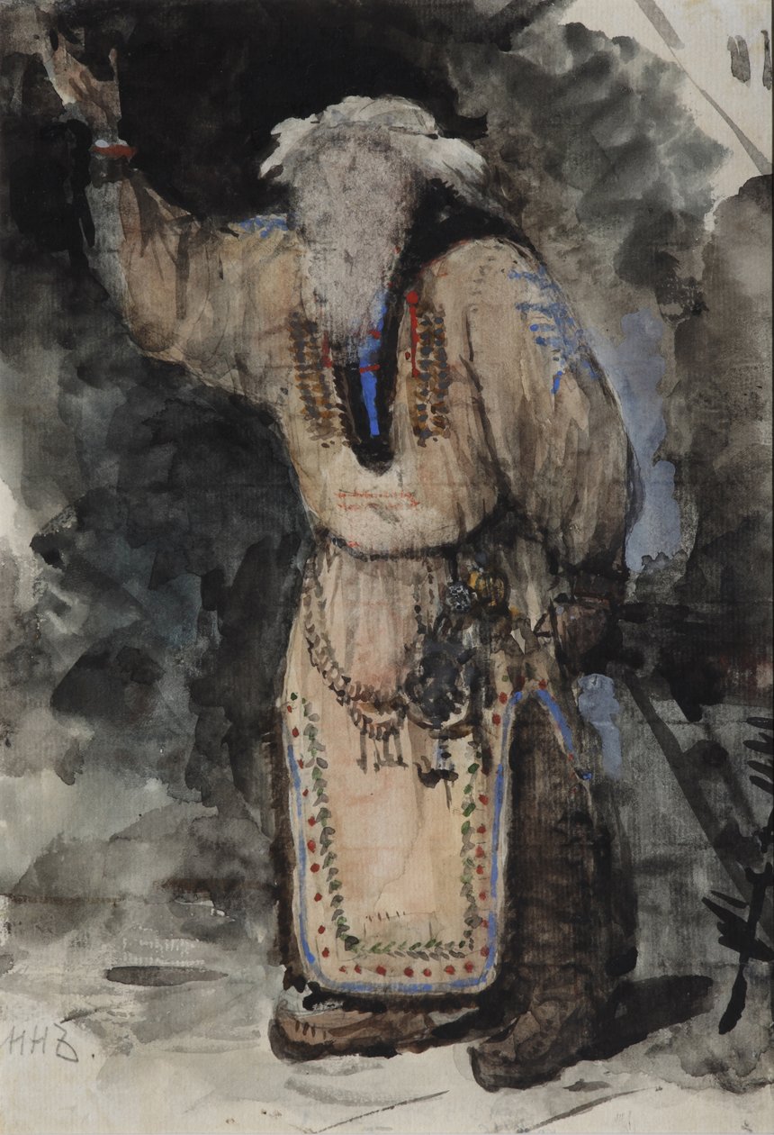 Figurino da ópera Ruslan e Lyudmila de M. Glinka de Valentin Aleksandrovich Serov