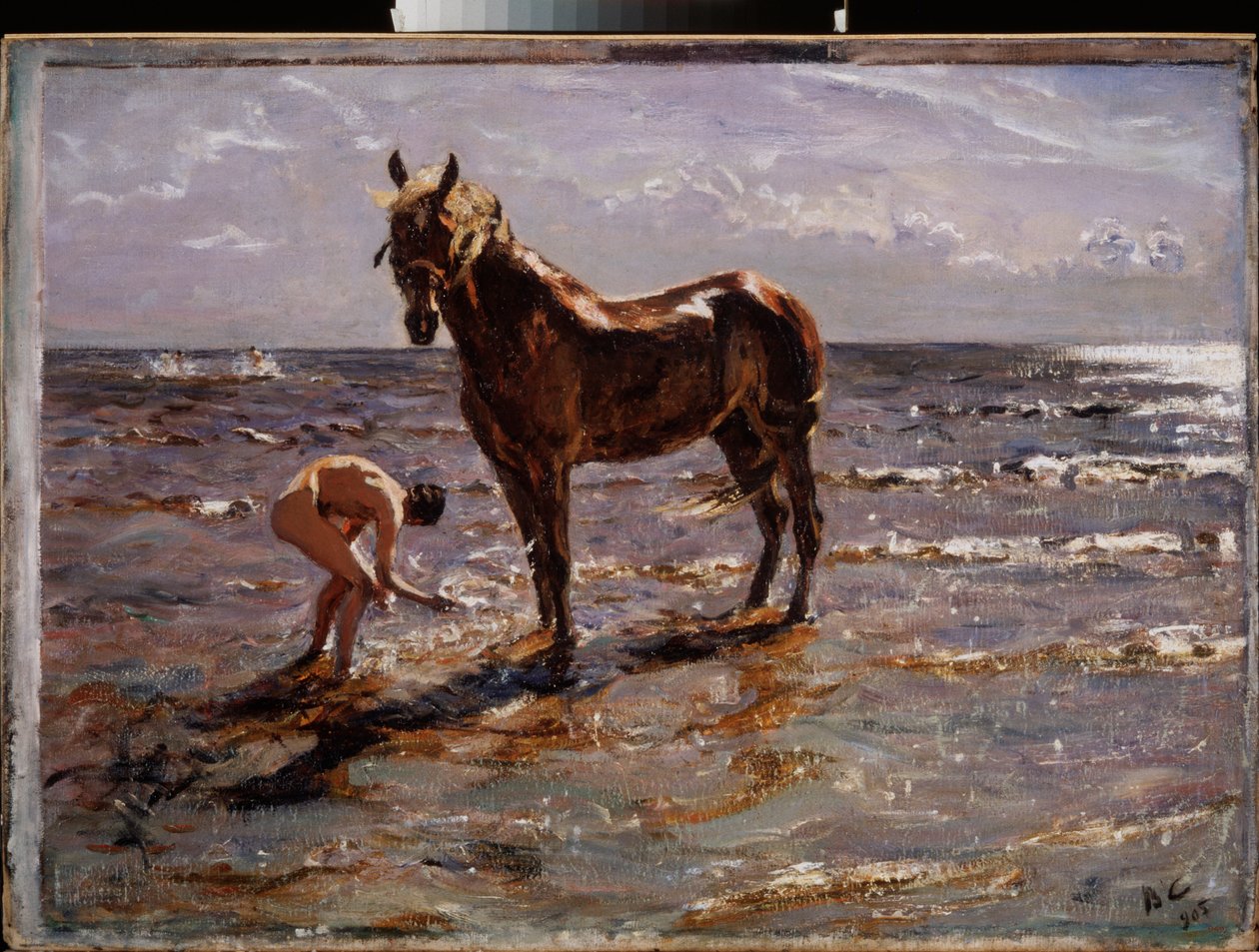 O banho do cavalo. (Jovem nu jogando água em um cavalo, outras duas figuras correm para o mar). Pintura de Valentin Alexandrovich Serov (1865-1911), óleo sobre tela de Valentin Aleksandrovich Serov