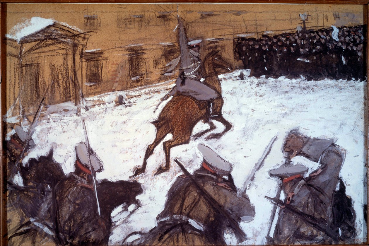 Domingo Vermelho (Domingo Sangrento) em São Petersburgo: "Repressão militar durante as manifestações de 1905 em São Petersburgo" a cavalaria do Czar Nicolau II acusa os grevistas que vieram pacificamente protestar diante do Palácio de Inverno em 22/01/1905 de Valentin Aleksandrovich Serov