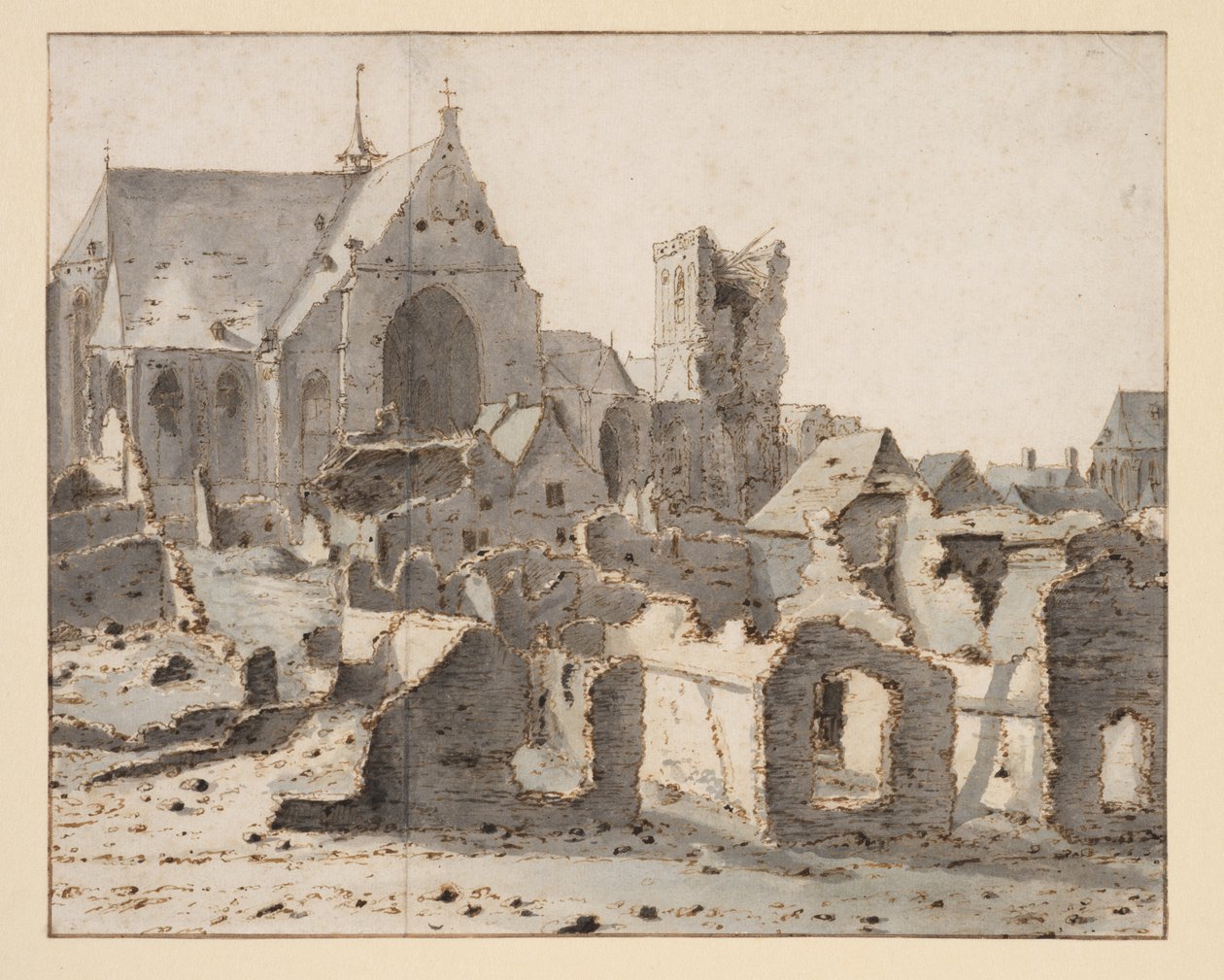 Vista de Grave on the Maas após um cerco, 2 de março de 1675 (grafite, caneta e tinta castanha, lavagem cinzento-azul sobre papel) de Valentin Klotz