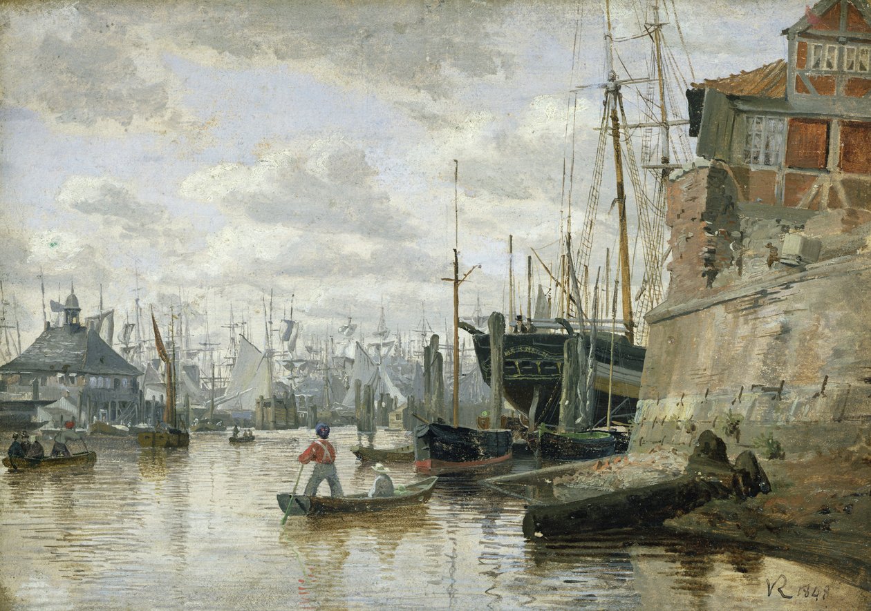 O Log Cabin no porto de Hamburgo, 1848 (óleo sobre papel a bordo) de Valentin Ruths