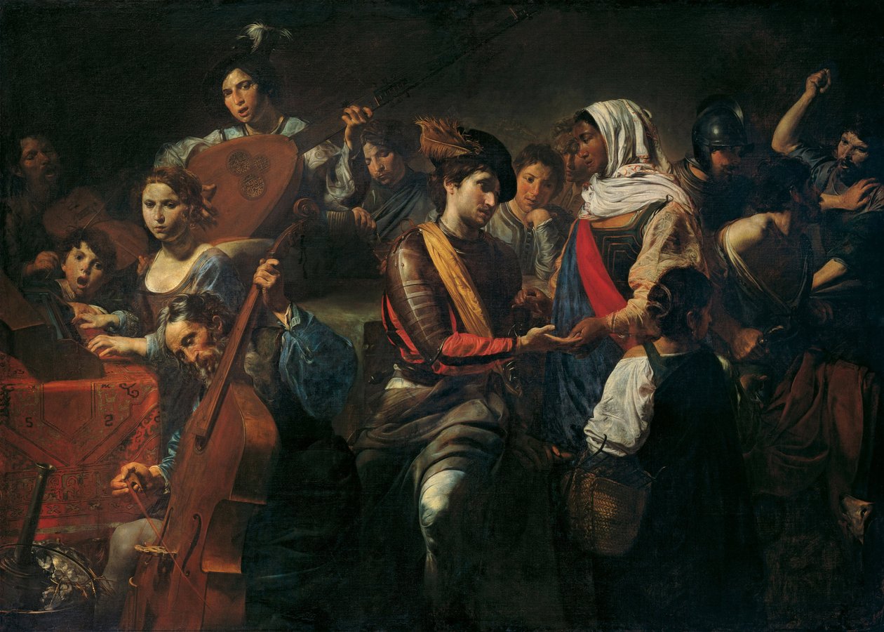 Feliz companhia e cartomante. (Feliz companhia com cartomante). Cena de gênero em uma taverna, composição com músicos (violino, violoncelo, teclado e alaúde), homens à mesa preparando sua bebida, a cartomante de Valentin de Boulogne