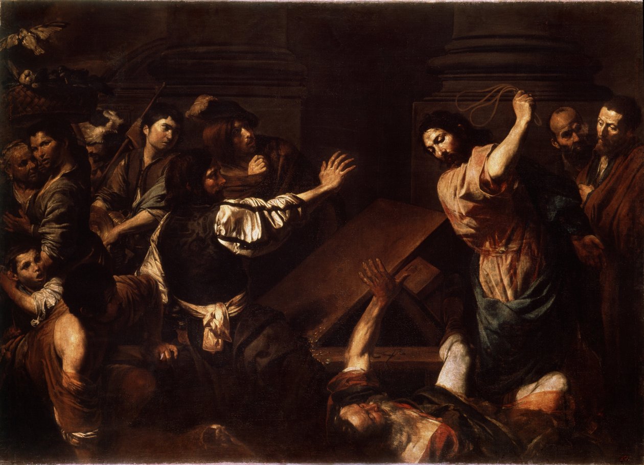 "Cristo conduzindo os agiotas do templo" (Cristo afugentando os agiotas do templo) Pintura de Valentin de Boulogne (1591-1632) 1620-1625 Dim. 192x266,5 cm Museu Hermitage, São Petersburgo de Valentin de Boulogne