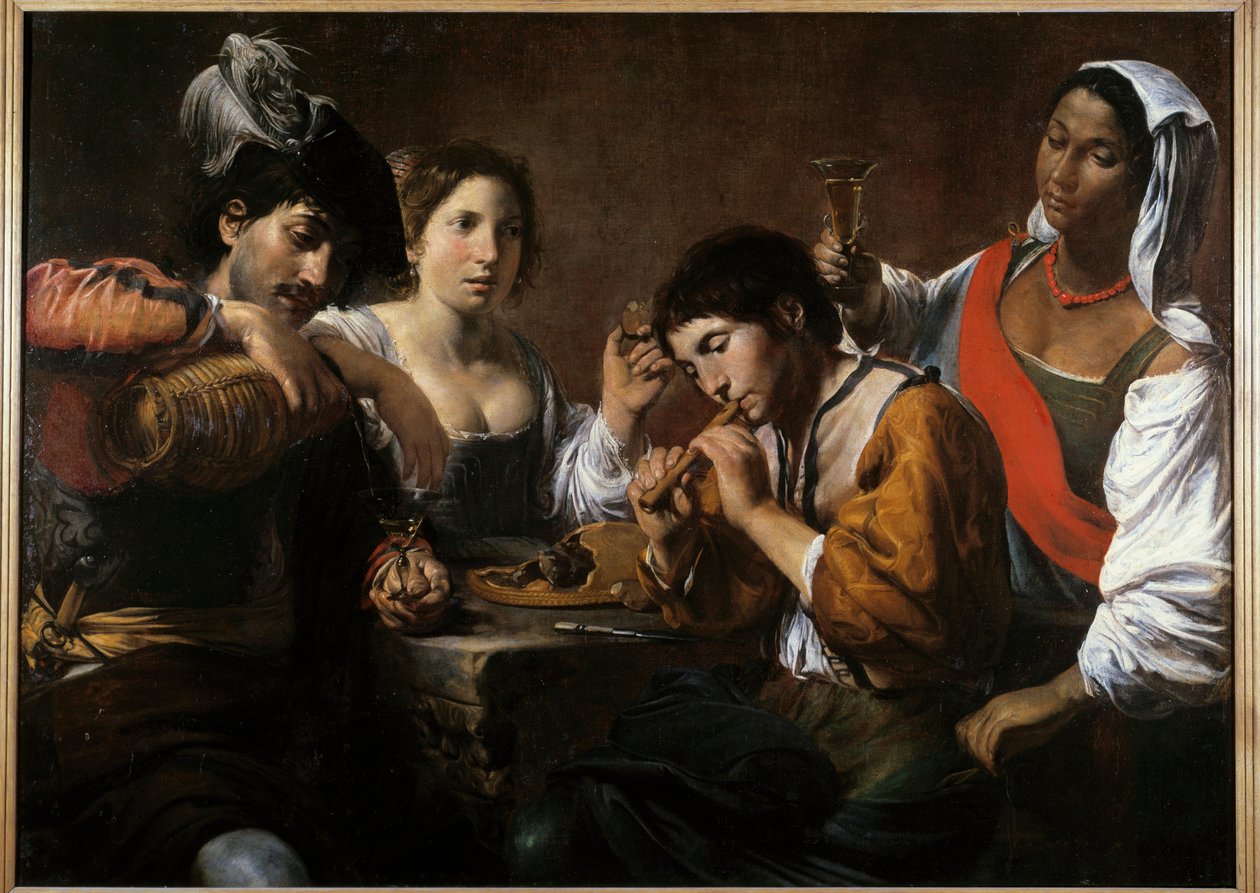 Reunião em um cabaré Pintura de Valentin de Boulogne (1591-1632) Sol do século XVII. 0,96x1,33 m de Valentin de Boulogne