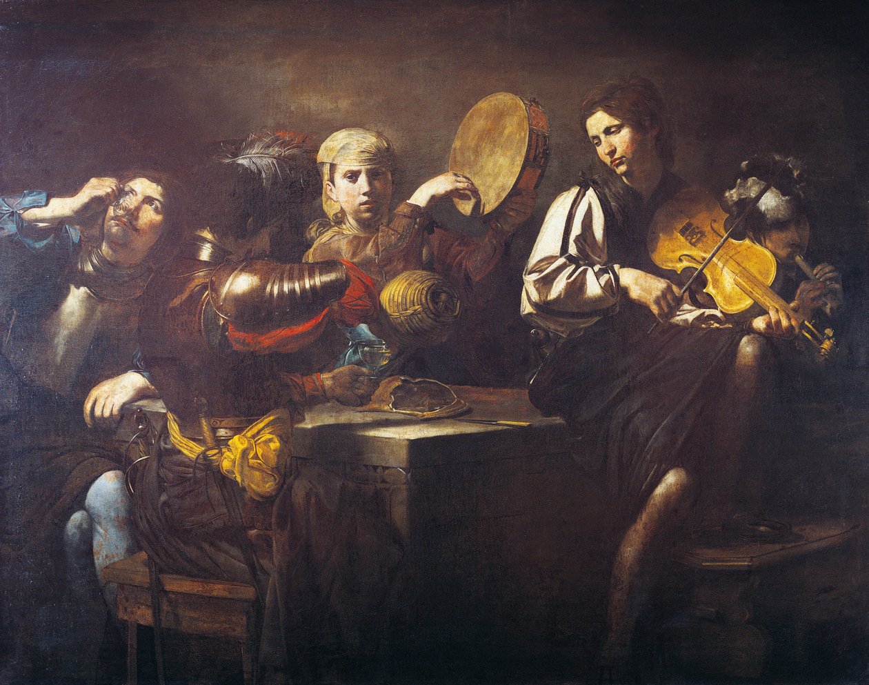 Músicos e soldados, cerca de 1626, de Valentin de Boulogne (1591-1632), óleo sobre tela de Valentin de Boulogne