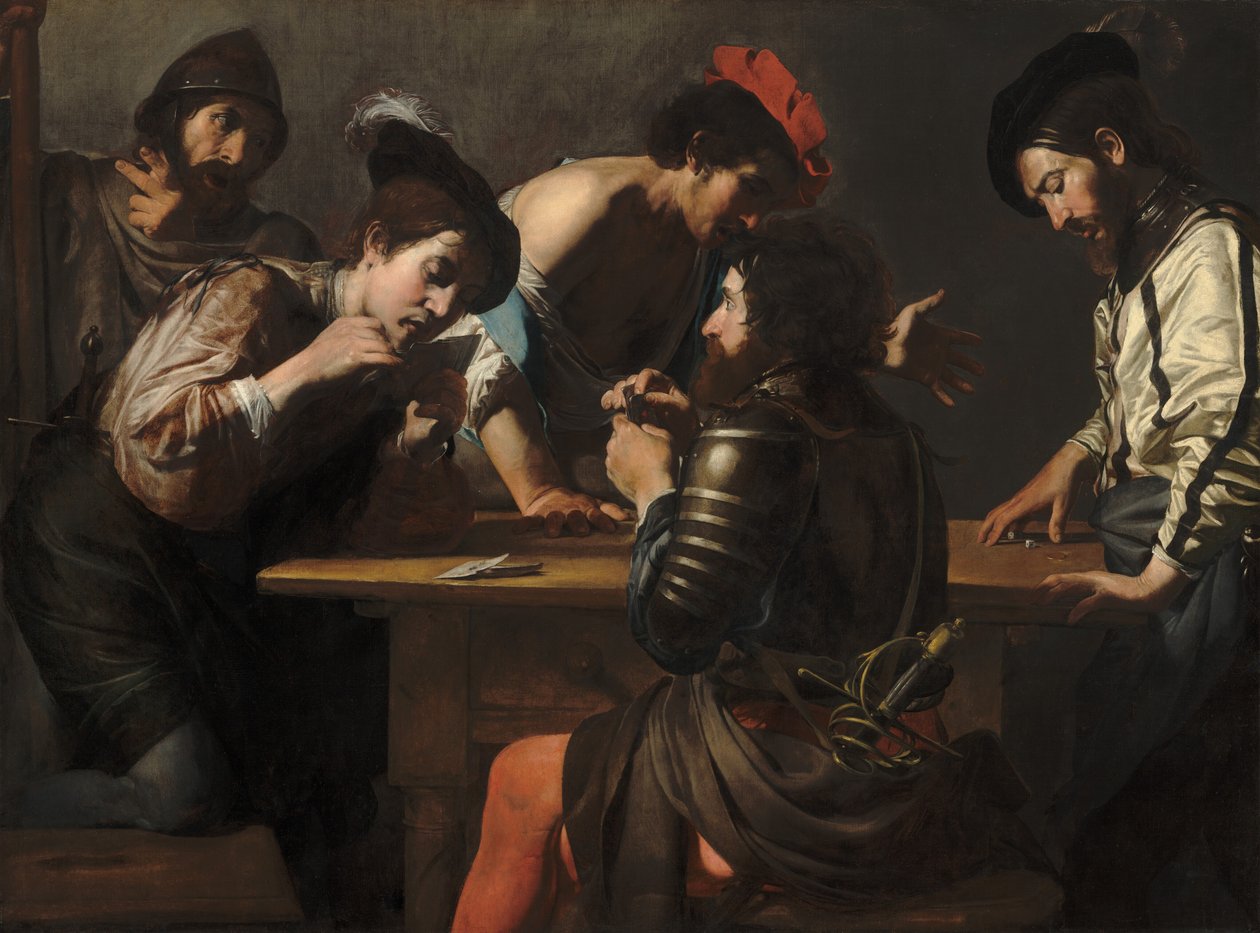Soldados a jogar às cartas e aos dados (Os Batoteiros), c.1618-1620 (óleo sobre tela) de Valentin de Boulogne