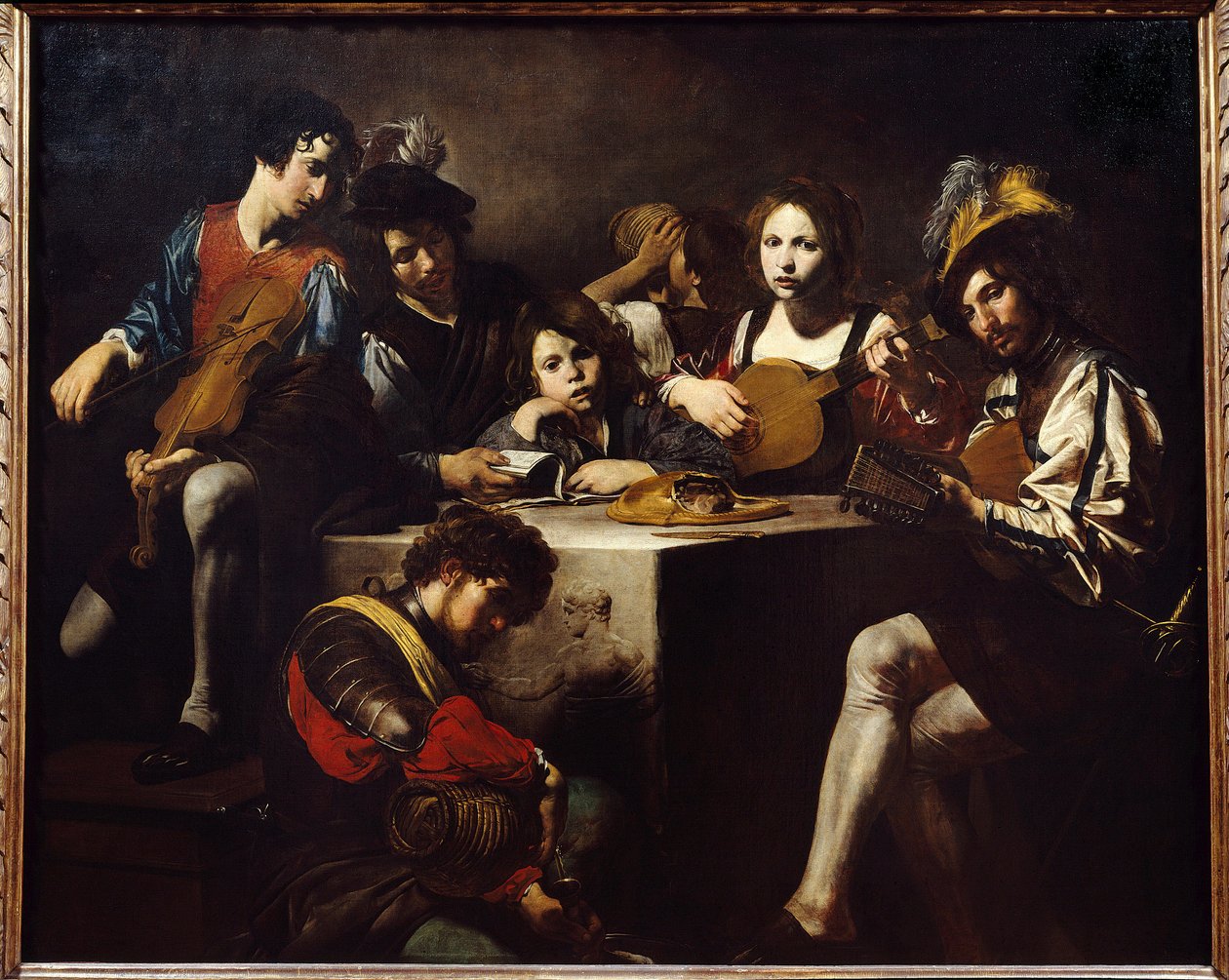 O concerto em baixo relevo. Músicos reunidos em torno de um altar esculpido. Pintura de Valentin de Boulogne (1591-1632). Dim. 1,73 X 2,14m. de Valentin de Boulogne