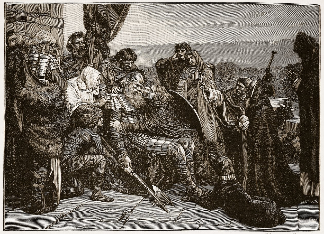 A morte de Siward, ilustração de "A Igreja da Inglaterra: uma história para o povo" por HDM Spence-Jones, pub. c.1910 (foto sépia) de Valentine Cameron Prinsep
