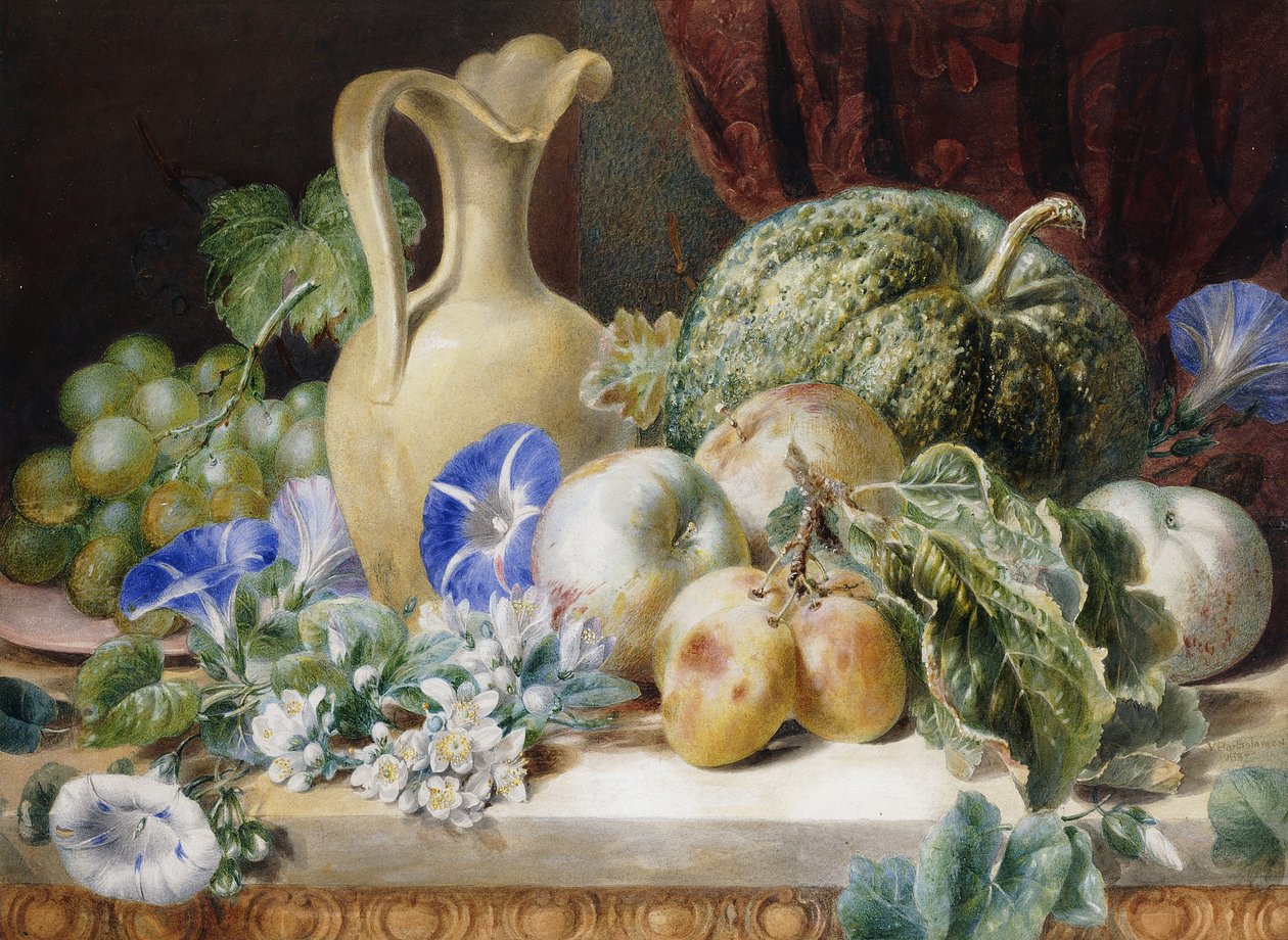 Natureza morta com jarro, maçãs, ameixas, uvas e flores, de Valentine Bartholomew
