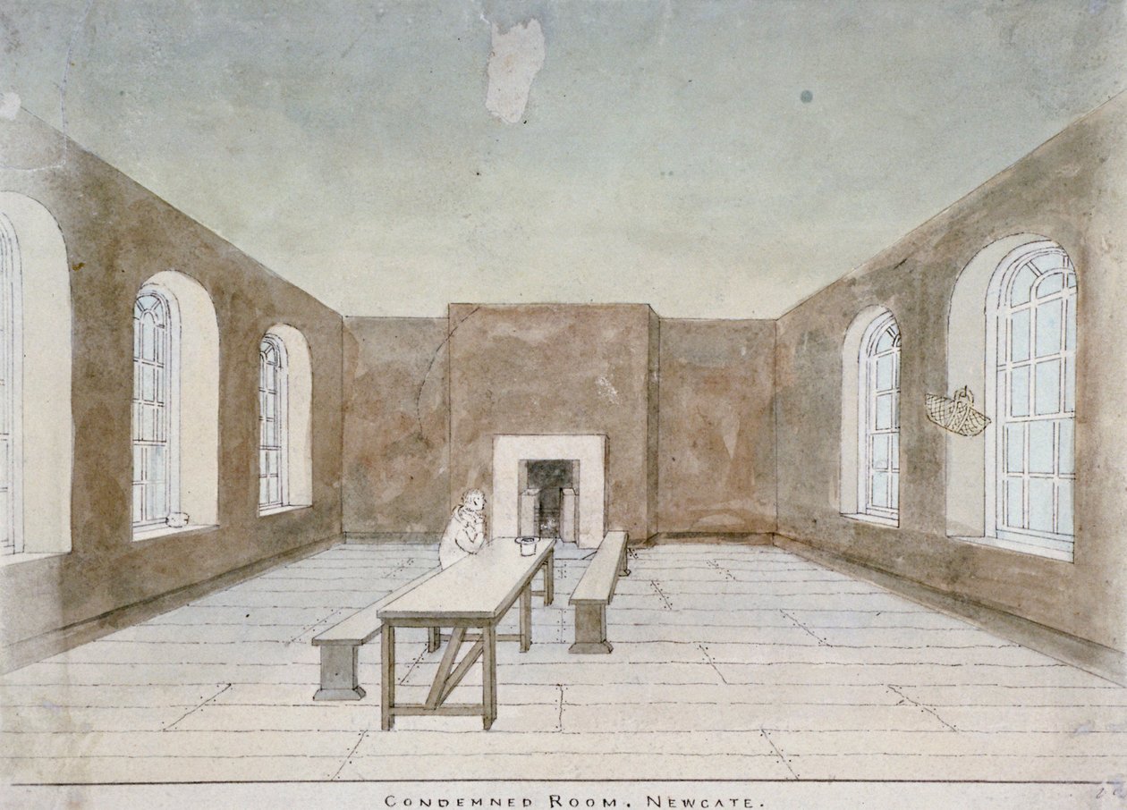 Interior do quarto condenado na prisão de Newgate, Old Bailey, cidade de Londres, 1810 de Valentine Davis