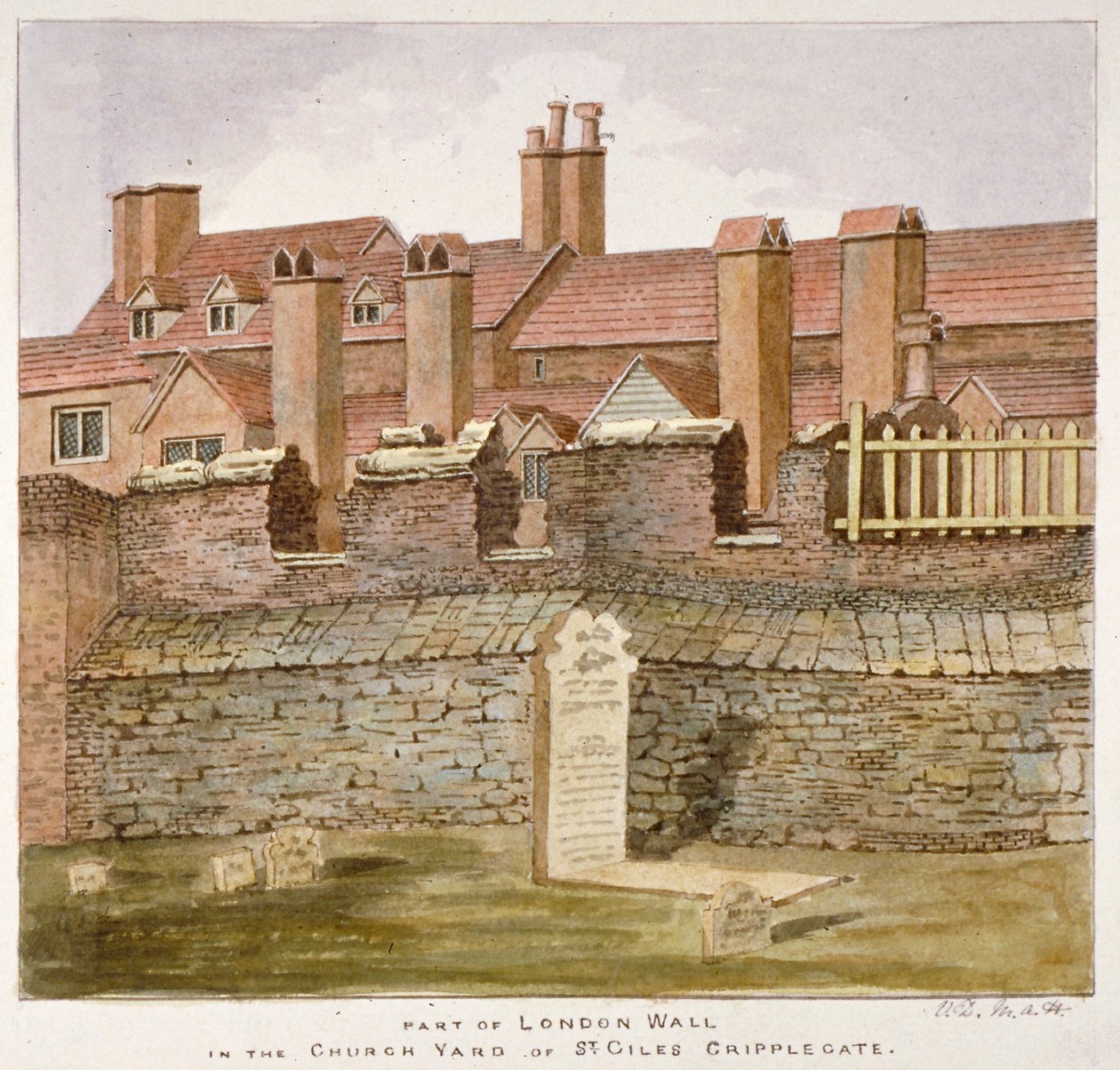 Remains of London Wall no cemitério de St Giles sem Cripplegate, City of London, 1825 de Valentine Davis