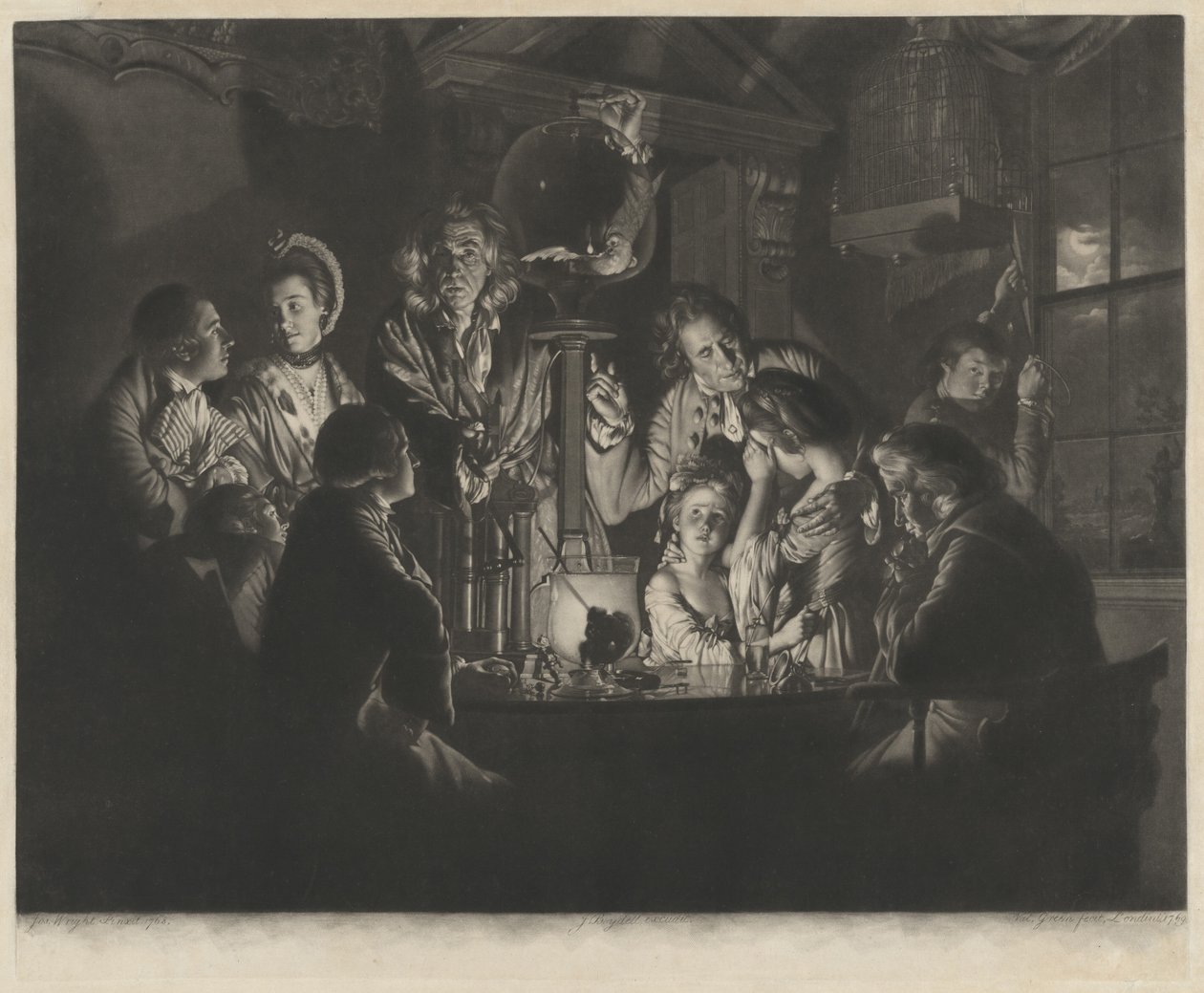 Um filósofo mostrando um experimento na bomba de ar, 1769. de Valentine Green