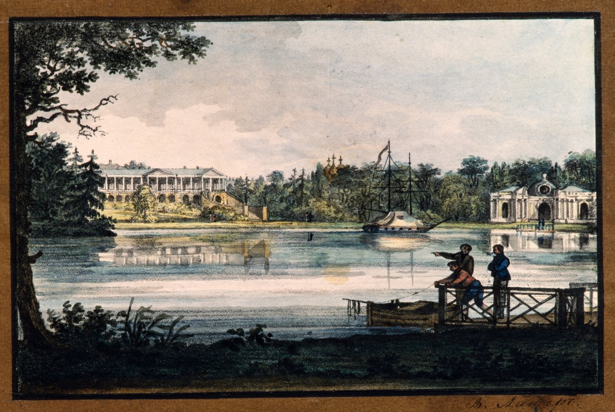 ""Galeria de Camarões no Palácio de Catarina em Tsarskoye Selo"" por Valerian Platonovich Langer (1799-1870), Litografia, aquarela, ca 1820, Museu Estatal ao Ar Livre Tsarskoye Selo, São Petersburgo de Valerian Platonovich Langer