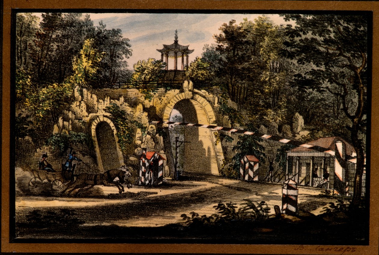 "O pavilhão Grand Caprice no Parque Catherine de Tsarskoye Selo" de Valerian Platonovich Langer (1799-1870), Litografia, aguarela, ca 1820, Museu Estadual ao ar livre Tsarskoye Selo, São Petersburgo Â de Valerian Platonovich Langer