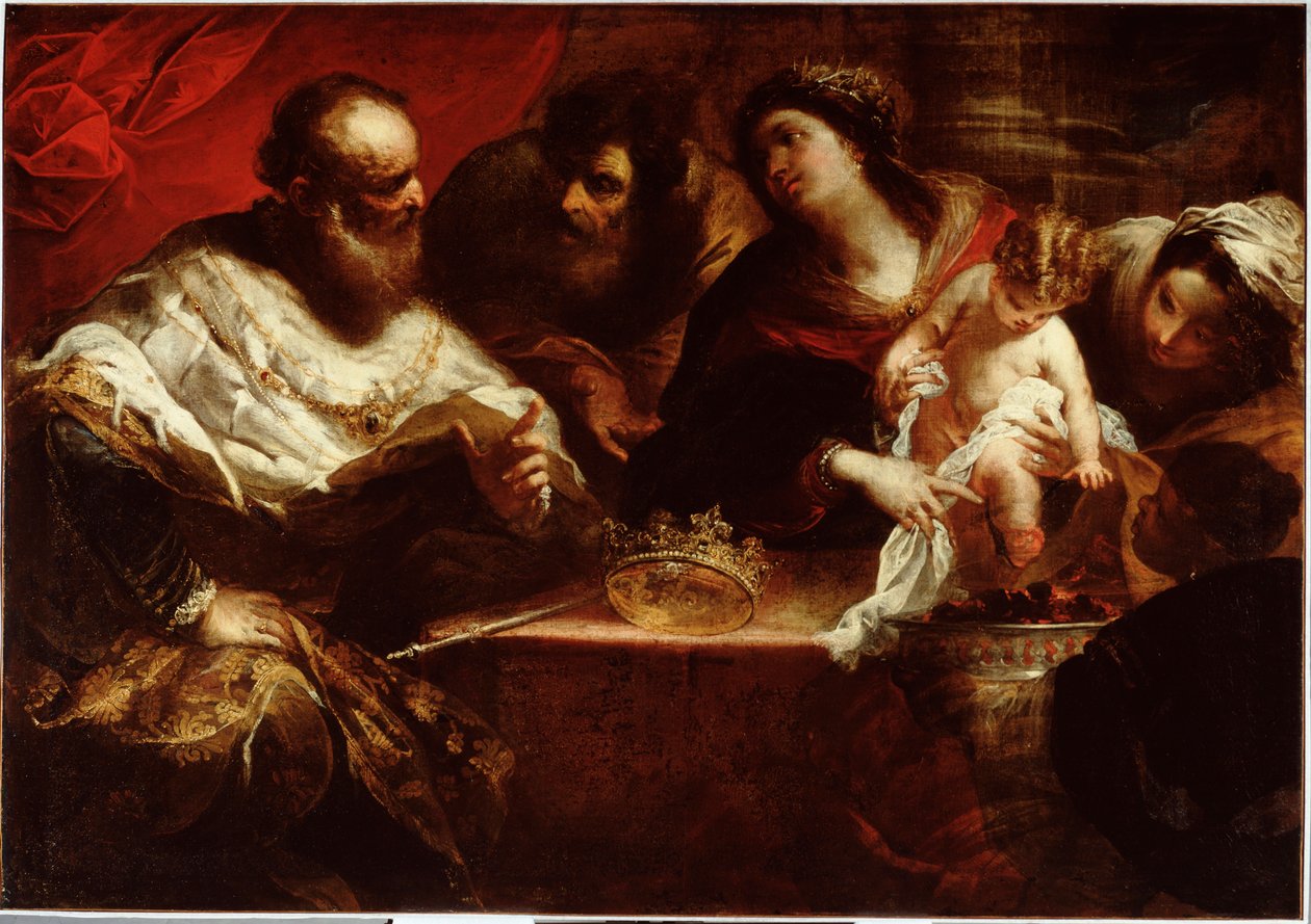 Moisés e o milagre das brasas ardentes Moisés, quando criança, que tinha tomado a coroa do faraó, queima-se agarrando-se a uma brasa ardente, provando assim que só era atraído pelo que brilhava - (Moisés e a brasa ardente) Pintura de Valerio Castello de Valerio Castello