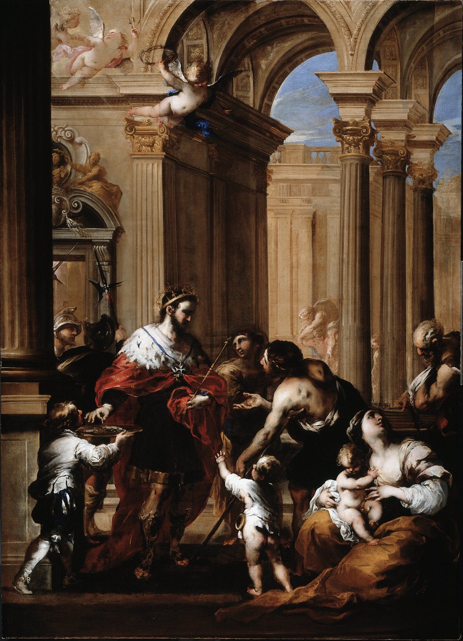 A Caridade do Rei da França Luís IX (1214-1270) (Rei da França Luís IX dando esmola) Pintura de Valerio Castello (1624-1659) Genes, Musei di Strada Nuova (ex Palazzo Bianco) de Valerio Castello