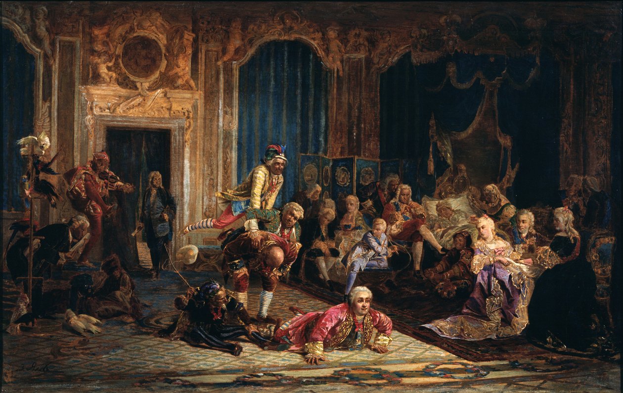 Bobos da corte na corte da imperatriz Anna Ioannovna, 1872 de Valery Ivanovich Jacobi