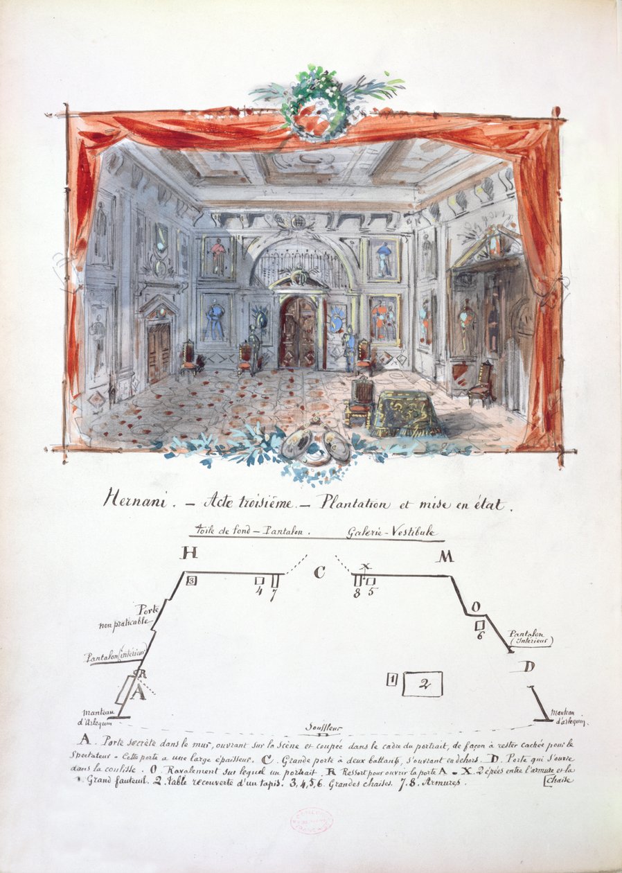 Cenário e instruções de palco para uma produção de 1877 de Hernani por Victor Hugo (1802-85), 1879 (ink & gouache) de Valnay Pere et fils