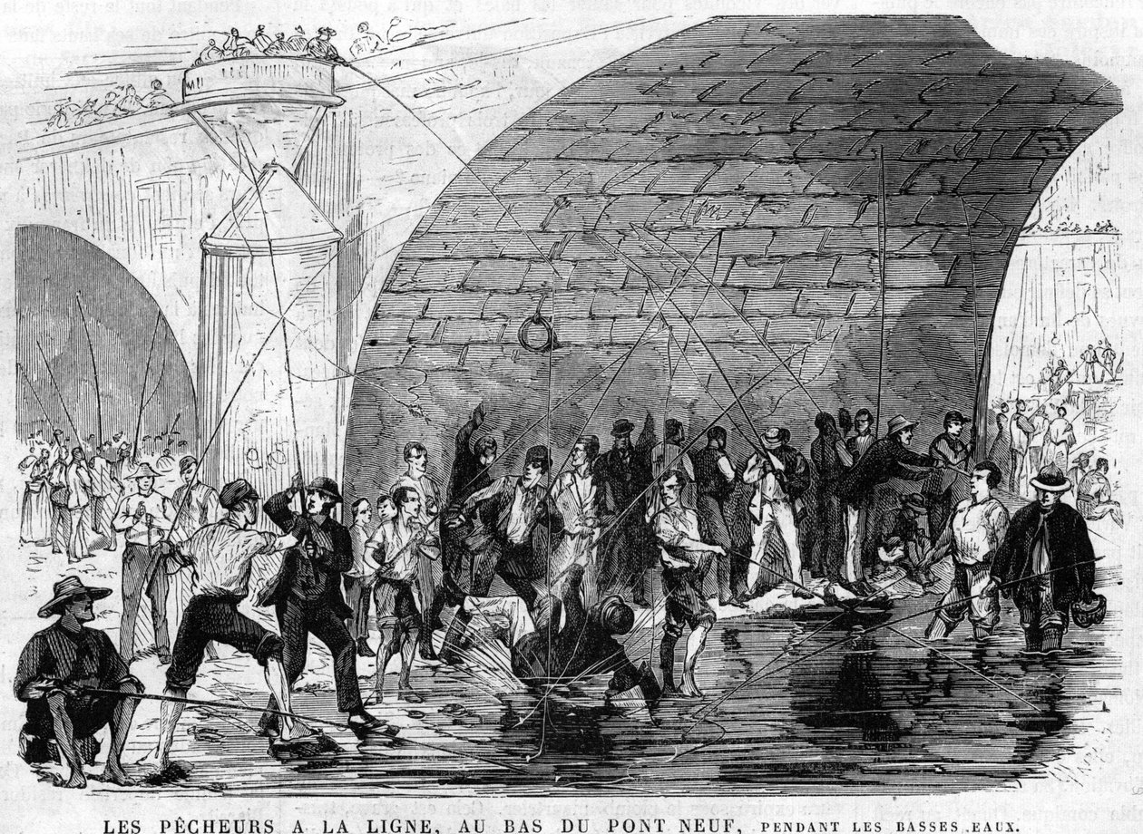 o pescador tem a linha no fundo da ponte nove em paris em 1868 durante a baixa-mar. desenho por Desroches - Valnay. de Valnay Pere et fils