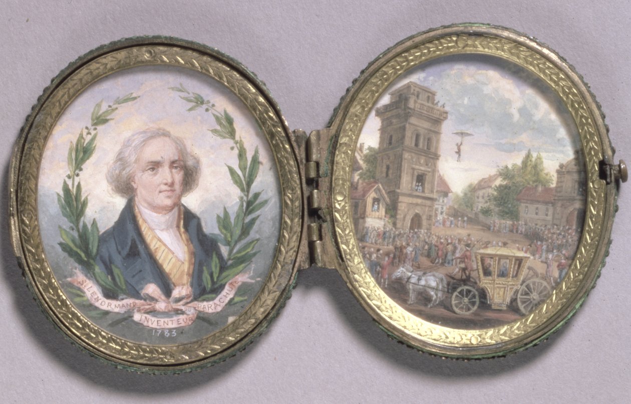 Miniatura do retrato de Louis-Sebastien Lenormand com uma cena de sua descida do pára-quedas, 1783 (guache no velino) de Van Blarenberghe