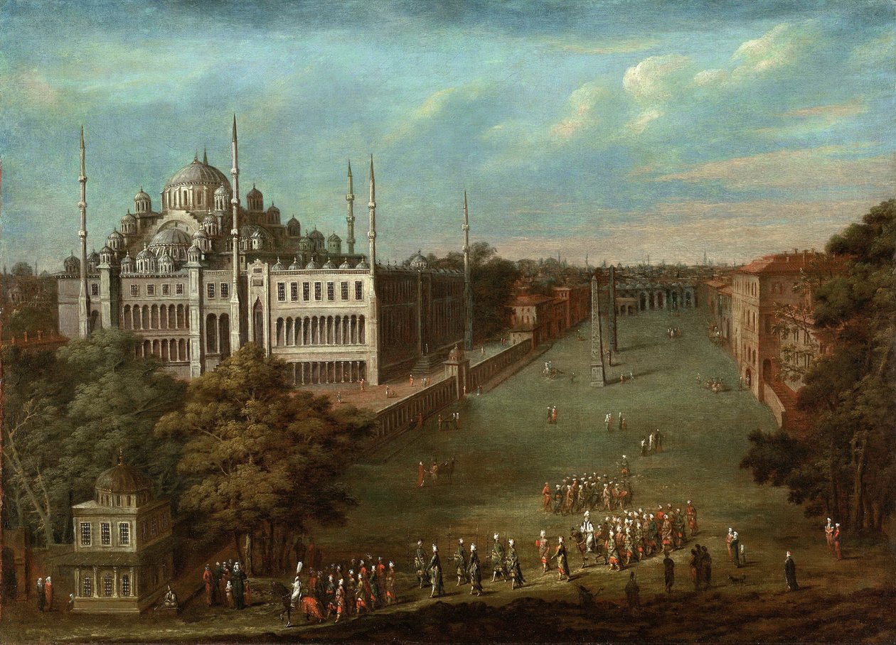 Procissão do Grande Vizir na Praça do Hipódromo com a Mesquita do Sultão Ahmed, 1737 de Vanmour