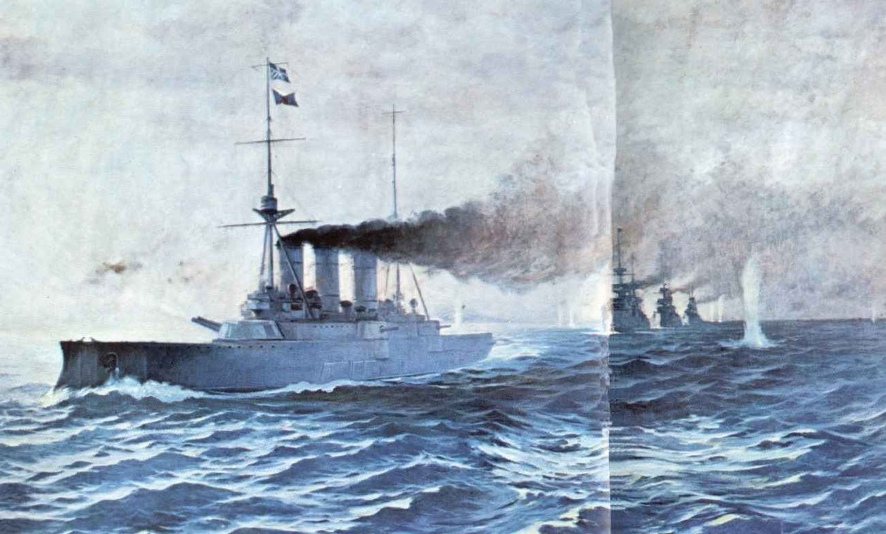 A batalha naval de Elli, 13 de dezembro de 1912, pintada em 1913 por Vassileios Chatzis 1865-1915, do Museu Naval da Grécia, no Pireu. Ele mostra o cruzador Averof na frente, com os três antigos navios de guerra Hydra, Spetsai e Psara seguindo, disparando  de Vasileios Hatzis